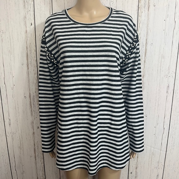 Lane Bryant Striped Top with Pearl Accents - Picture 1 of 9